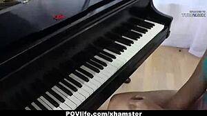 Hot brunette gets her small tits fondled and fucked on the piano