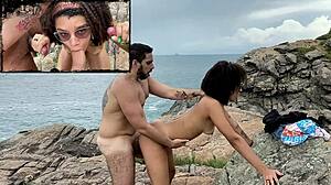 Casal interracial fica safado em uma praia de nudismo